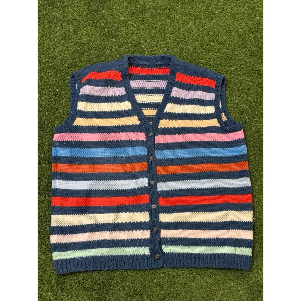 Handmade Vintage VTG Knitted Button Up Vest Multicolor Unisex Blue Red Pink